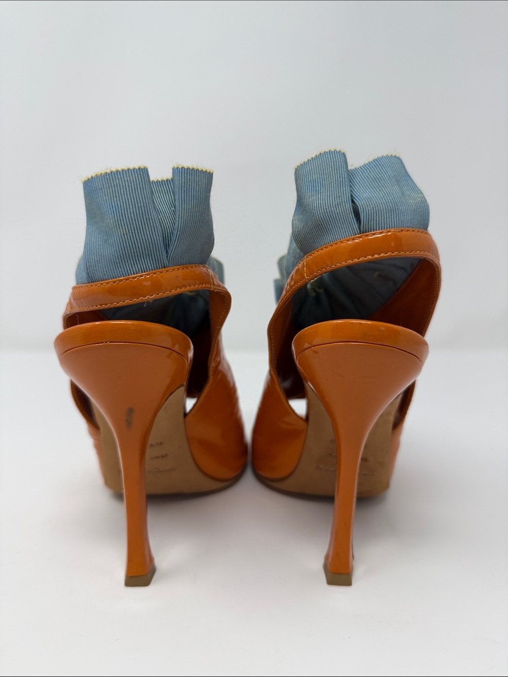 Sergio Rossi Orange Patent Peep-Toe Ruffle Ankle Boots - Picture 3 of 7